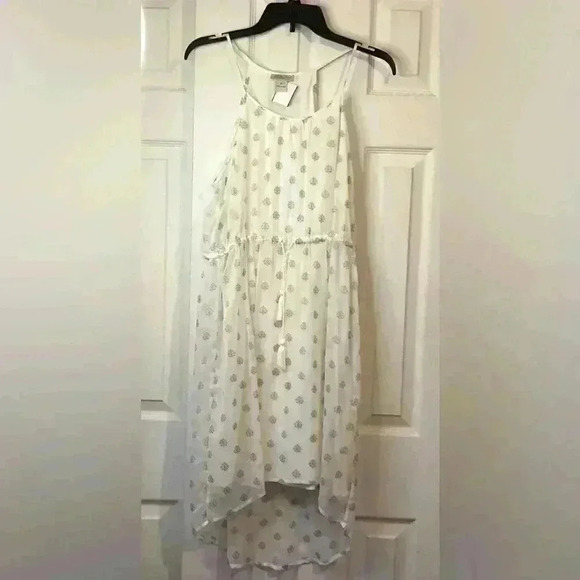 Lucky Brand Ivory and Metallic Gold Sheer High Low Dress Size Medium - Picture 1 of 10